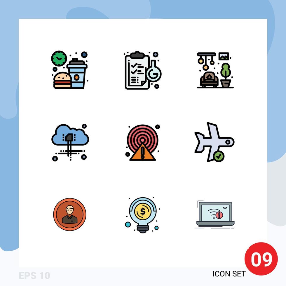 9 Thematic Vector Filledline Flat Colors and Editable Symbols of circle alert laboratory power cloud Editable Vector Design Elements