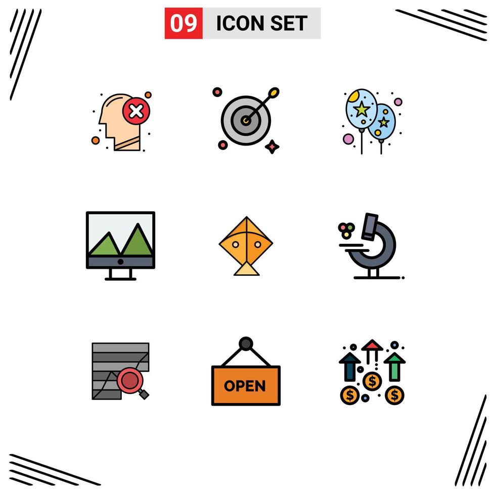 paquete de iconos de vector de stock de 9 signos y símbolos de línea para el festival de educación globo cometa mostrar elementos de diseño de vector editables