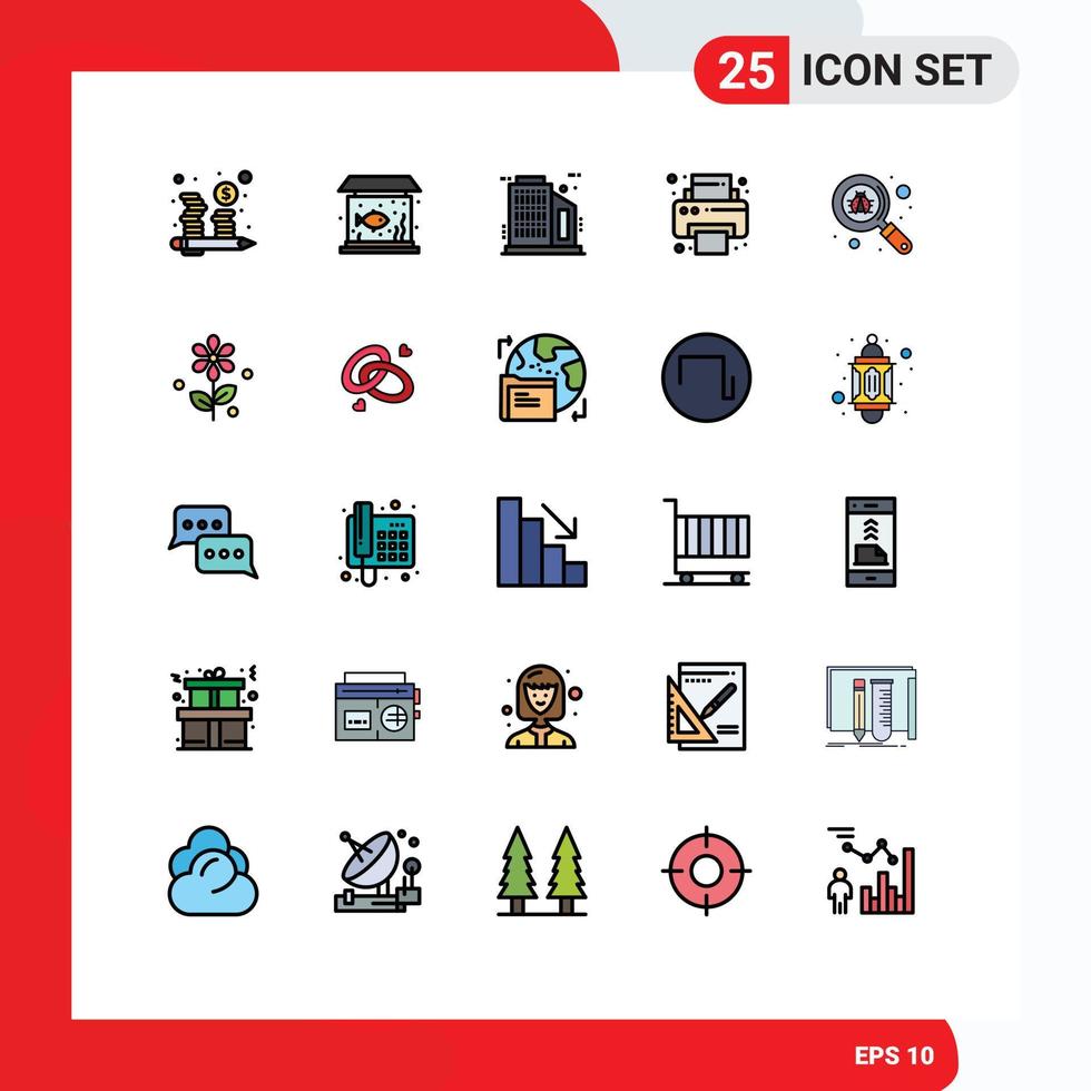 25 Universal Filled line Flat Color Signs Symbols of bug search building scan printer Editable Vector Design Elements