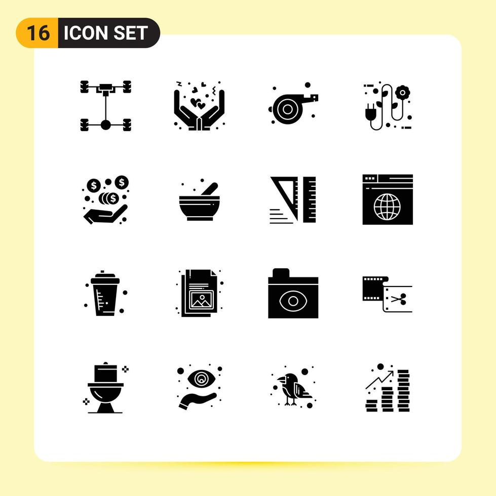 Modern Set of 16 Solid Glyphs Pictograph of marketing fees commission coach electrician ecology Editable Vector Design Elements