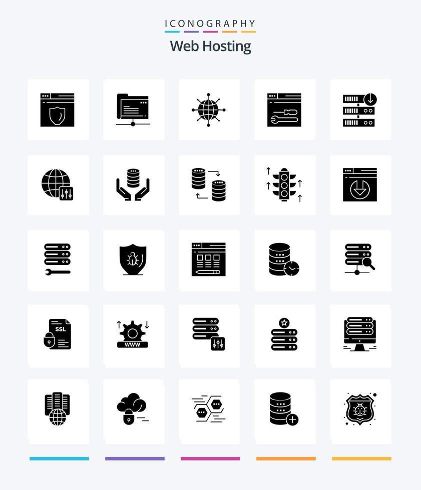 Creative Web Hosting 25 Glyph Solid Black icon pack  Such As web. service. storage. development. server vector