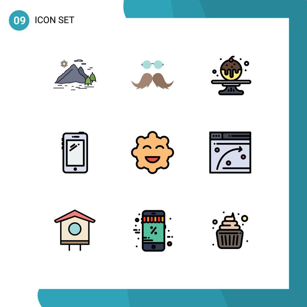 Mobile Interface Filledline Flat Color Set of 9 Pictograms of samsung mobile male smart phone cake Editable Vector Design Elements