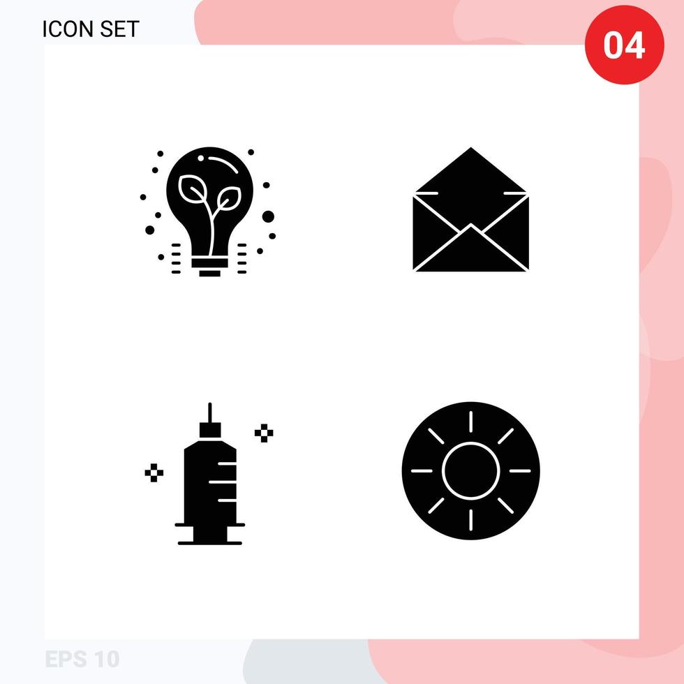 paquete de línea de vector editable de 4 glifos sólidos simples de consejos de medicina de bulbo mensaje jeringa elementos de diseño de vector editable