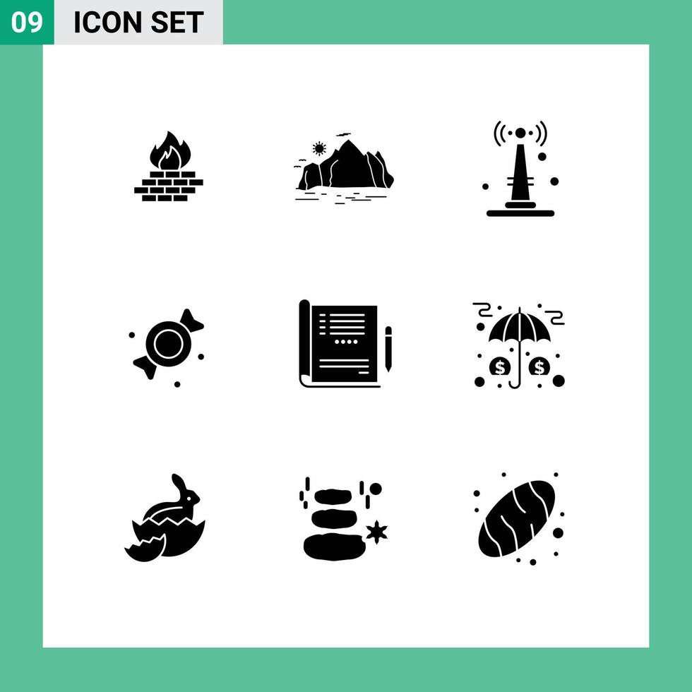 Pack of 9 Modern Solid Glyphs Signs and Symbols for Web Print Media such as doctor candy mountain bonbon router Editable Vector Design Elements