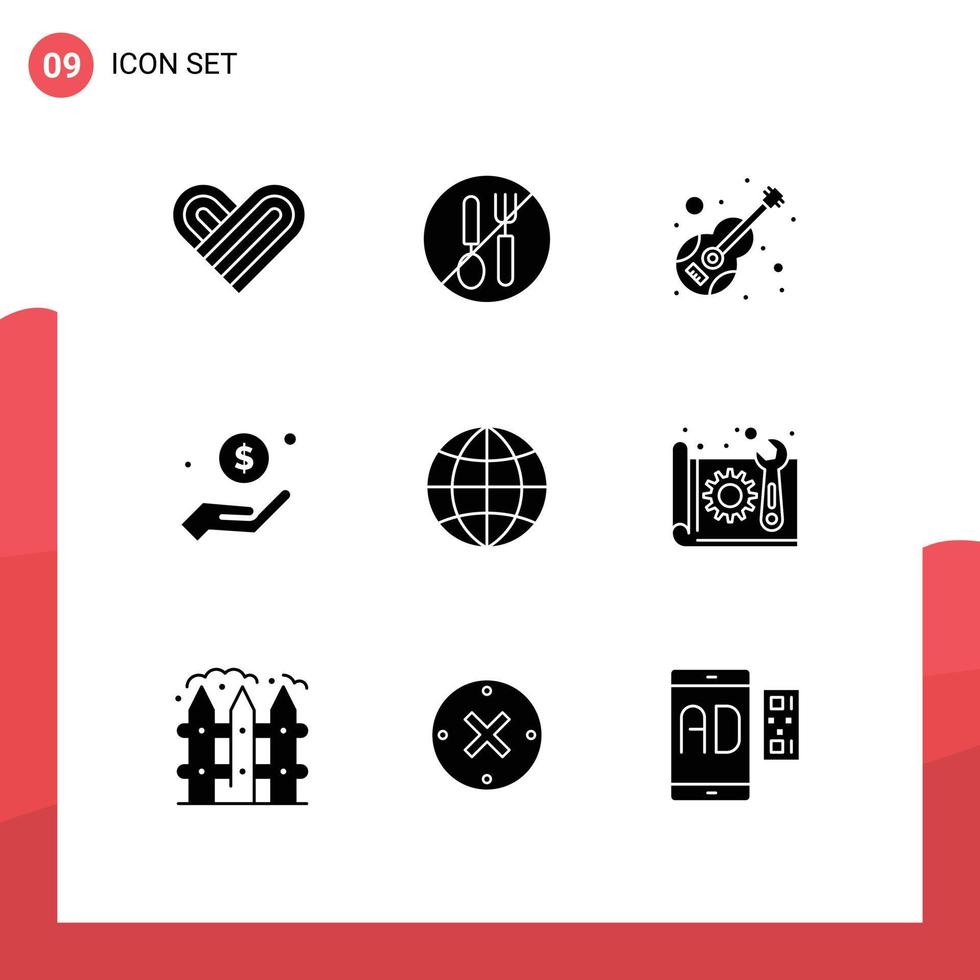 Modern Set of 9 Solid Glyphs and symbols such as help hand guitar money violin Editable Vector Design Elements