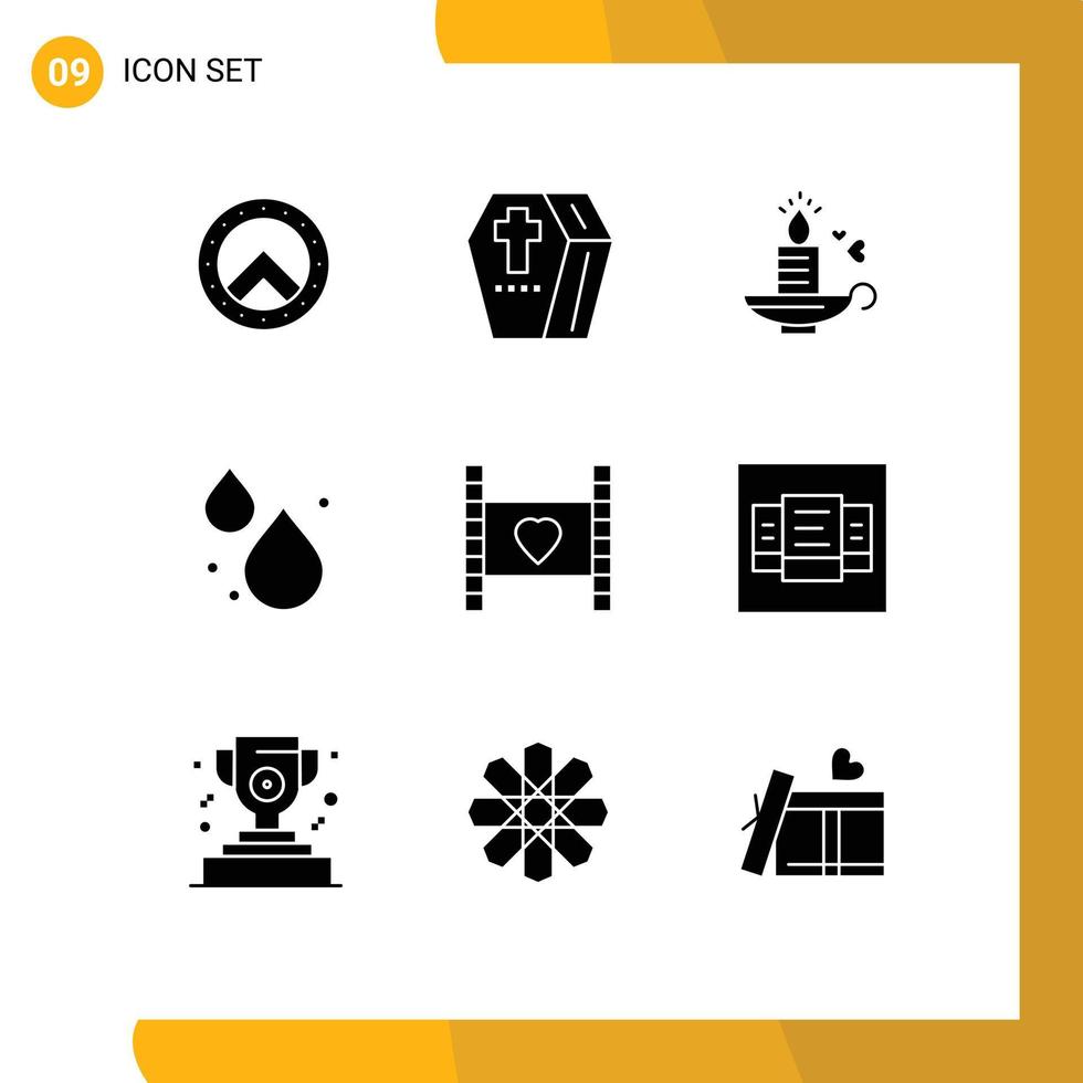 9 User Interface Solid Glyph Pack of modern Signs and Symbols of honeymoon film candle spring water Editable Vector Design Elements