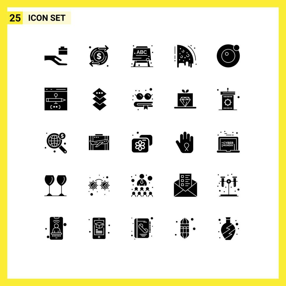 25 Universal Solid Glyphs Set for Web and Mobile Applications app orbit education moon food Editable Vector Design Elements