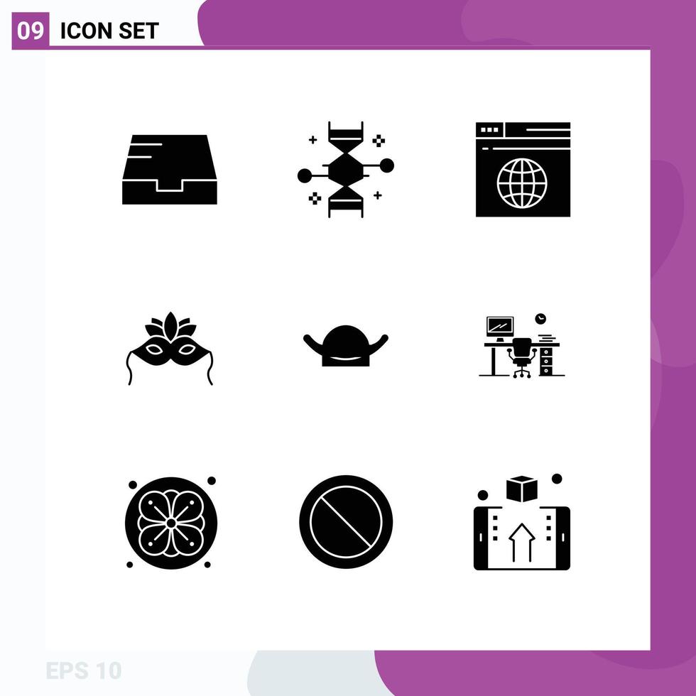 User Interface Pack of 9 Basic Solid Glyphs of brim mardigras internet venetian mask Editable Vector Design Elements