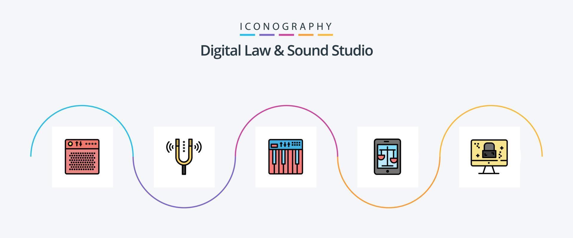 la ley digital y la línea de estudio de sonido llenaron el paquete de iconos planos 5 que incluye la ley. corte. paso. música. teclado vector