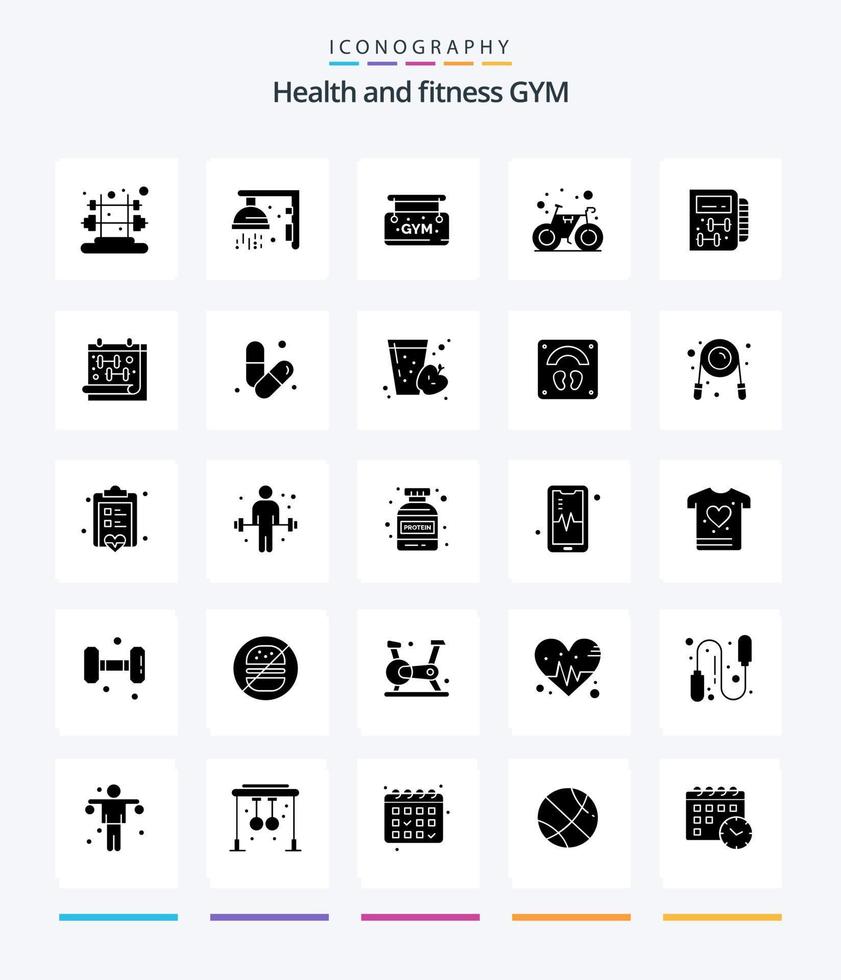 Creative Gym 25 Glyph Solid Black icon pack  Such As planning. gym. board. fitness. cycle vector