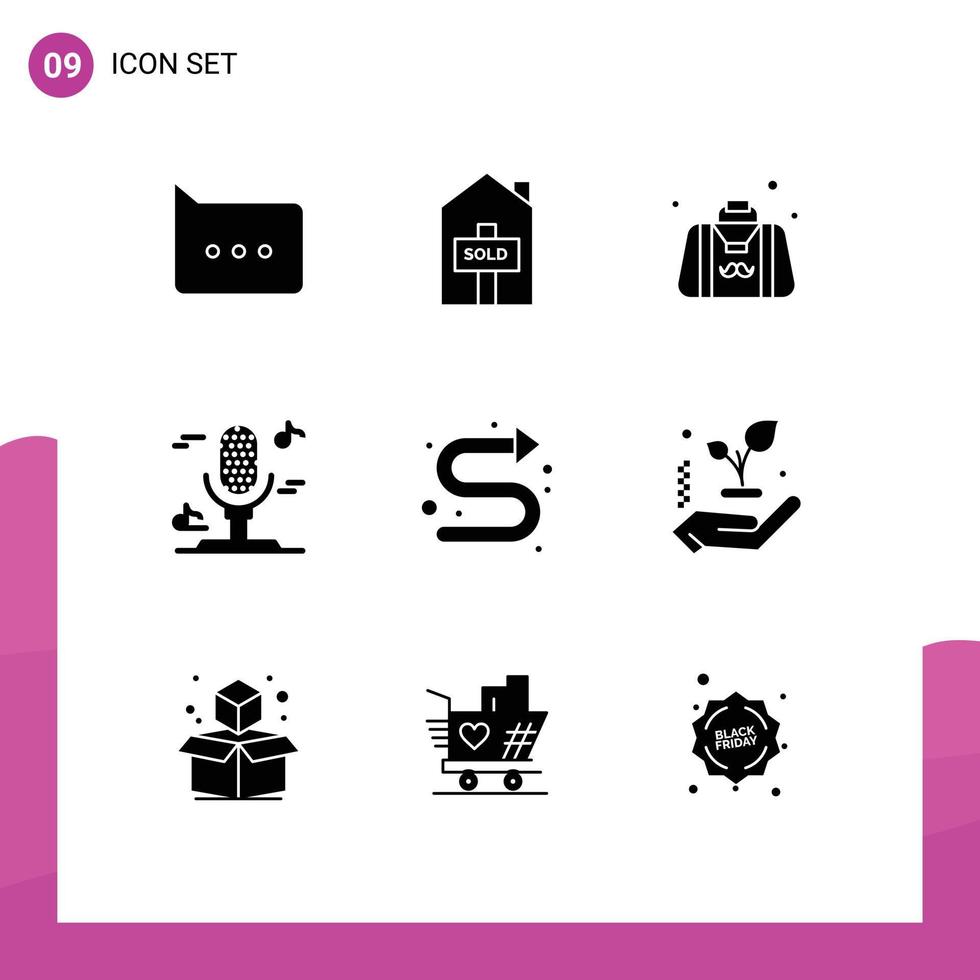 Set of 9 Commercial Solid Glyphs pack for left directional father arrows microphone Editable Vector Design Elements