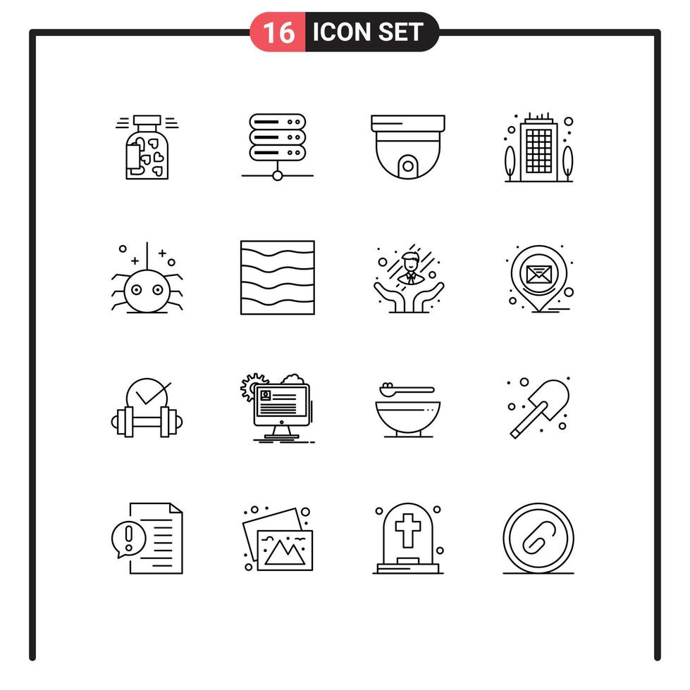 Modern Set of 16 Outlines Pictograph of halloween destination cam office building Editable Vector Design Elements