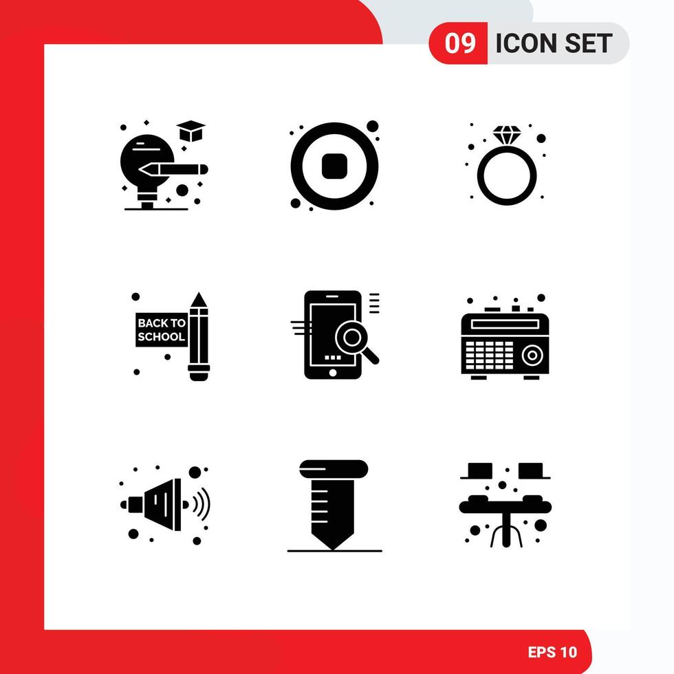 9 Thematic Vector Solid Glyphs and Editable Symbols of configuration optimize present mobile pencil Editable Vector Design Elements