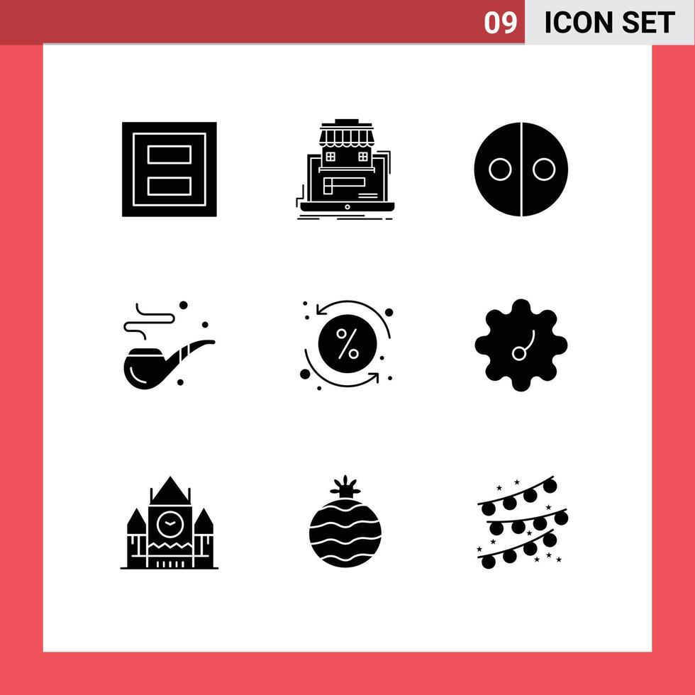Universal Icon Symbols Group of 9 Modern Solid Glyphs of fathers pipe data cigar symbolism Editable Vector Design Elements