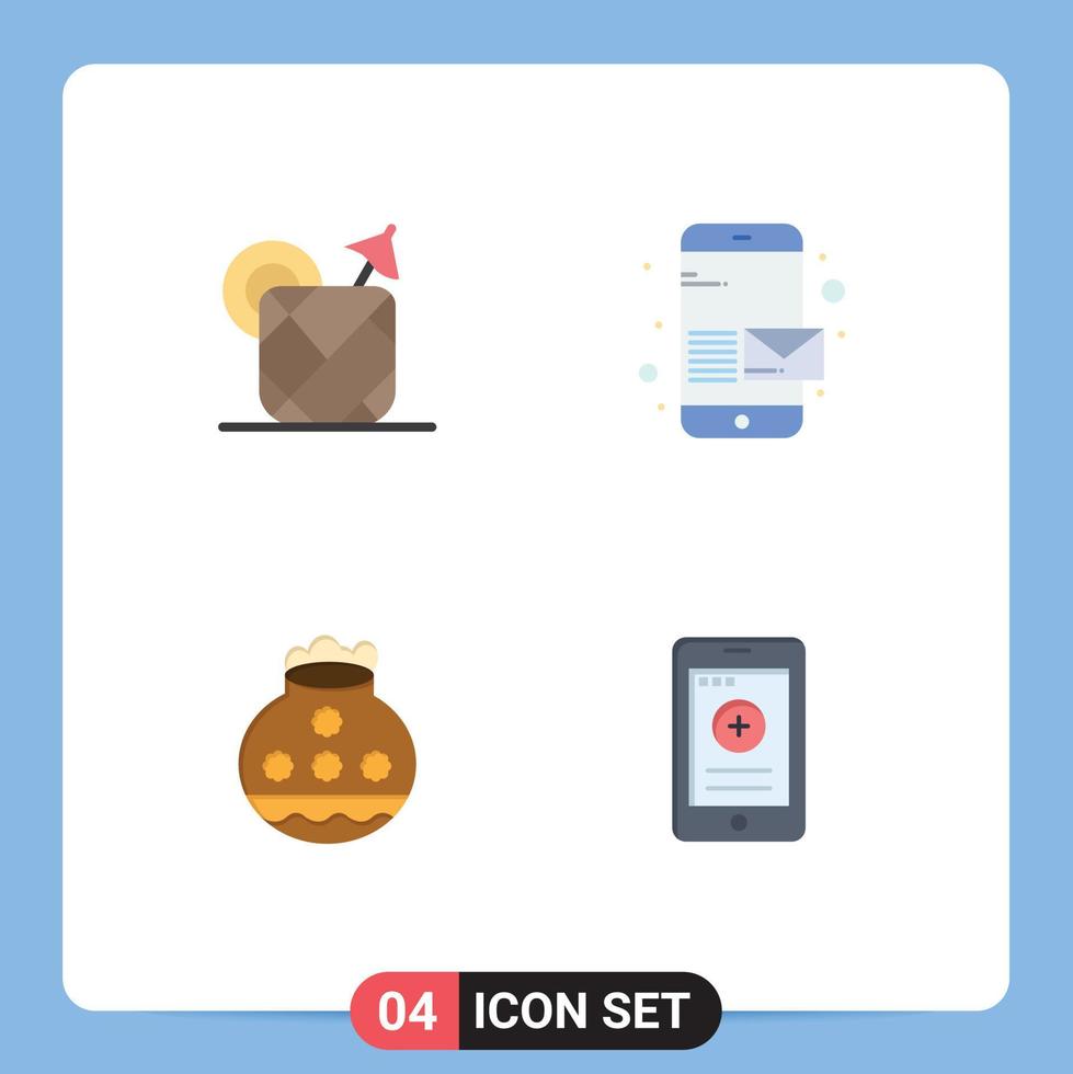 conjunto moderno de 4 iconos y símbolos planos, como piña, bebida de arena, teléfono, pongal, elementos de diseño vectorial editables vector