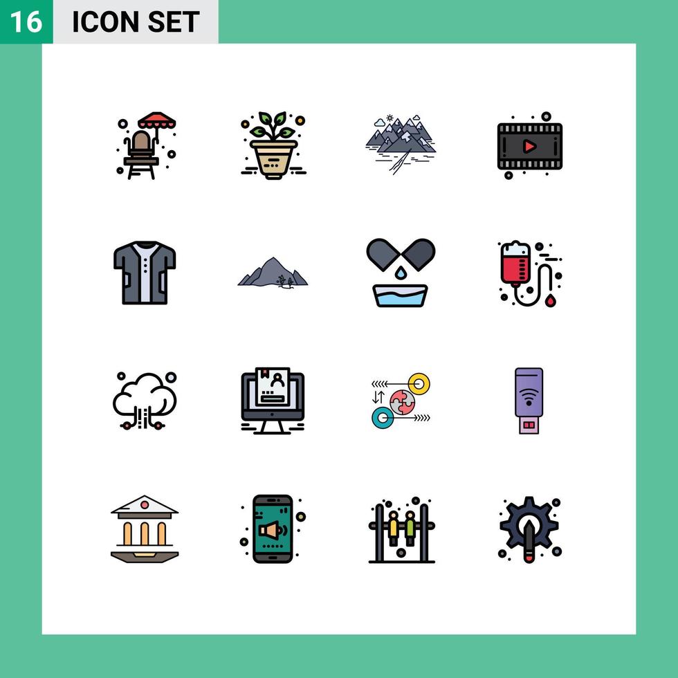 Group of 16 Flat Color Filled Lines Signs and Symbols for electronic clothing landscape cloth movie Editable Creative Vector Design Elements