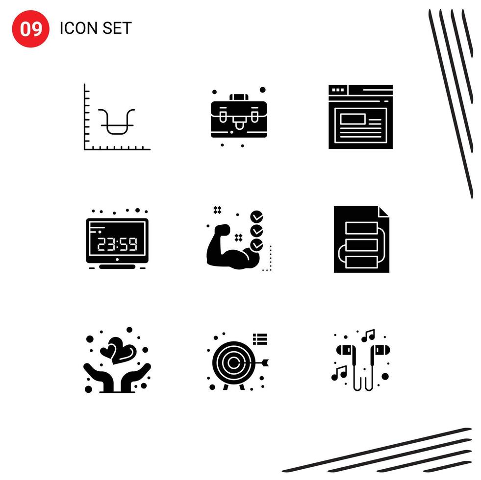 9 Thematic Vector Solid Glyphs and Editable Symbols of checklist display page computer time computer Editable Vector Design Elements