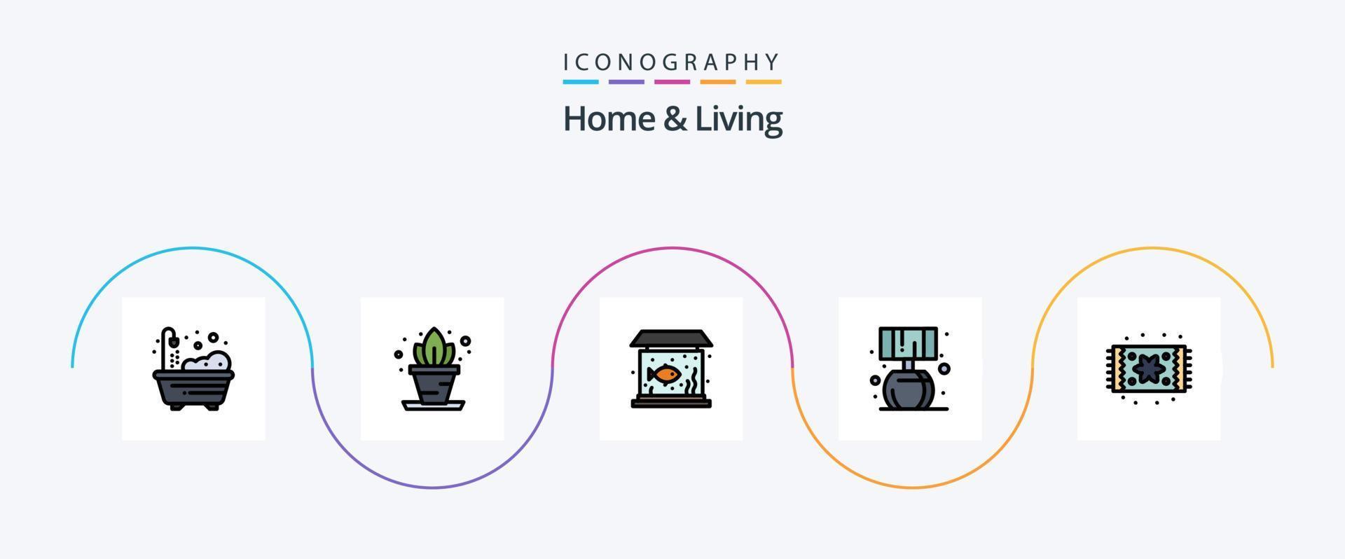 paquete de 5 íconos planos llenos de línea de vida y hogar que incluye. muebles. pez. mobiliario. bulto vector