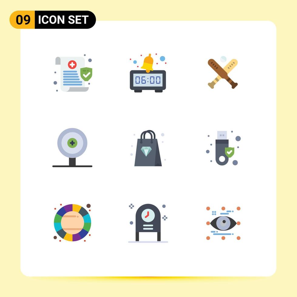 Pack of 9 Modern Flat Colors Signs and Symbols for Web Print Media such as security bag baseball shopping finance Editable Vector Design Elements