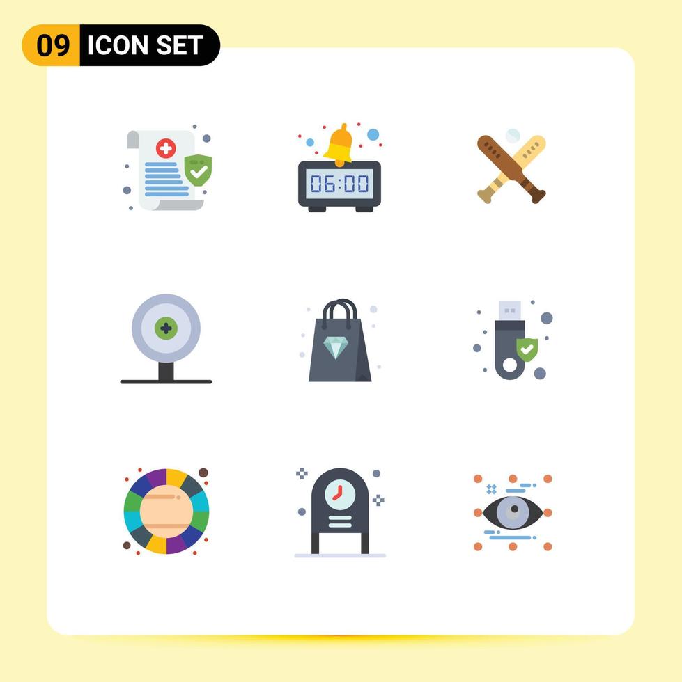 paquete de 9 signos y símbolos modernos de colores planos para medios de impresión web, como bolsa de seguridad, béisbol, compras, finanzas, elementos de diseño de vectores editables