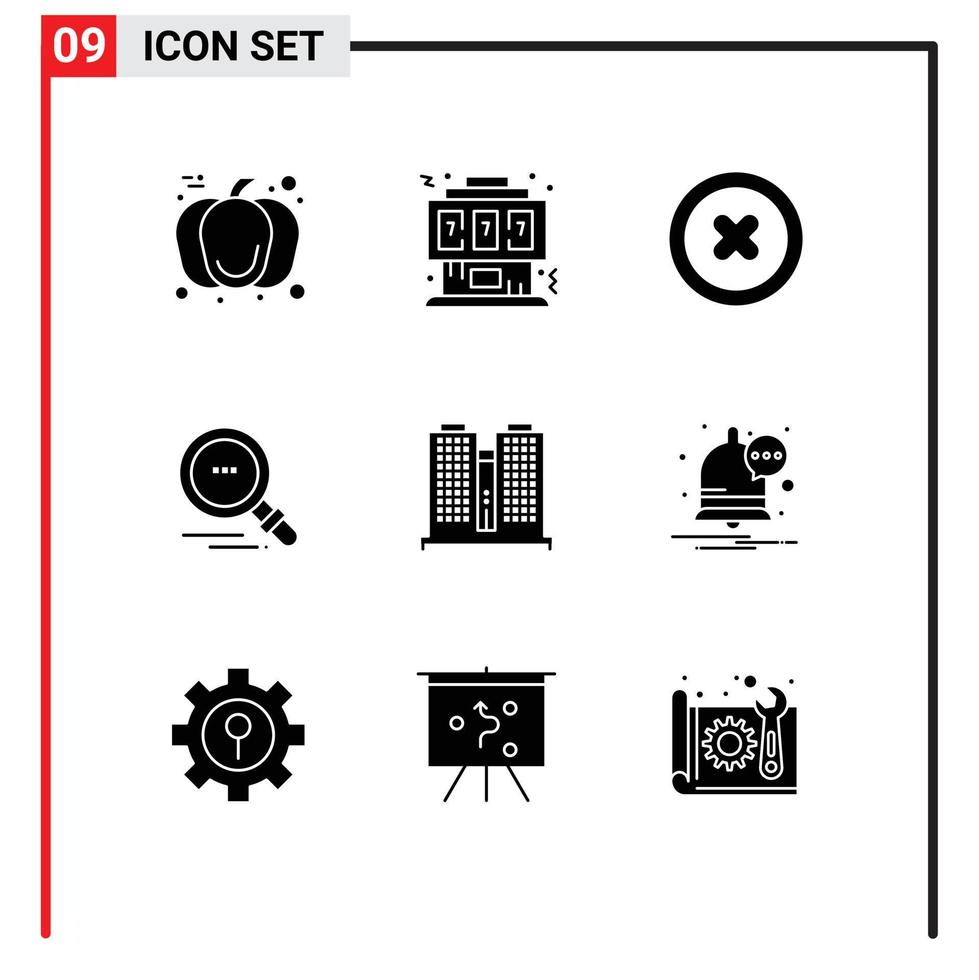 paquete de 9 signos y símbolos de glifos sólidos modernos para medios de impresión web, como elementos de diseño de vectores editables de búsqueda de motivación de consola de construcción de lugares