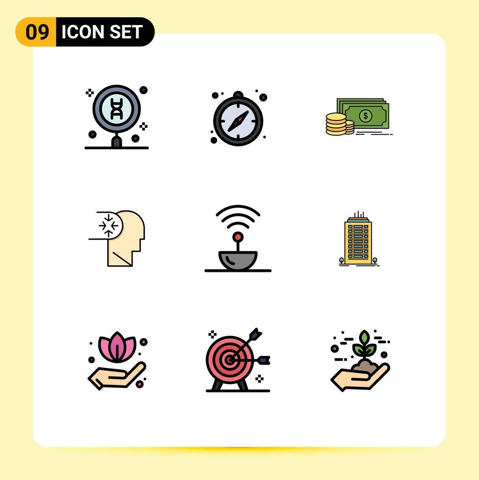 Mobile Interface Filledline Flat Color Set of 9 Pictograms of steel head finance disorder mind Editable Vector Design Elements