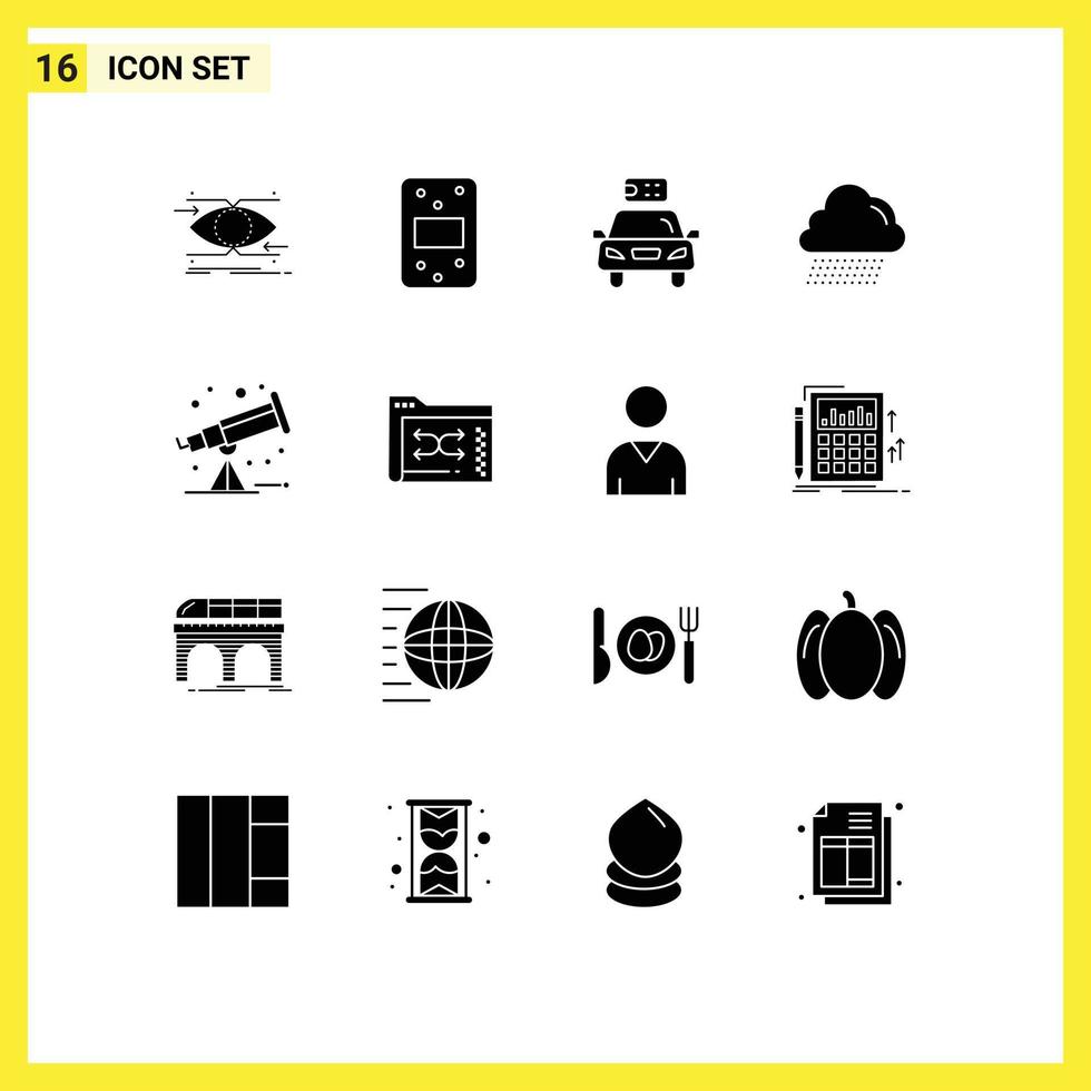 Group of 16 Solid Glyphs Signs and Symbols for space canada car rain power Editable Vector Design Elements