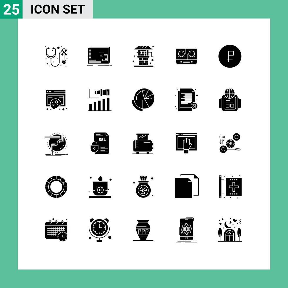 25 glifos sólidos vectoriales temáticos y símbolos editables del programa de cocina comercial elementos de diseño vectorial editables de pozos de gas vector