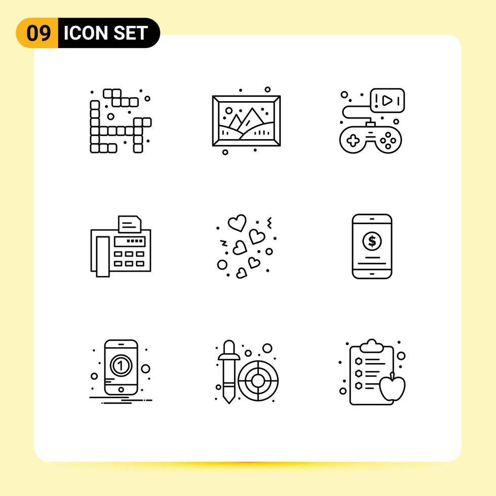 Set of 9 Vector Outlines on Grid for love day game fax machine phone Editable Vector Design Elements