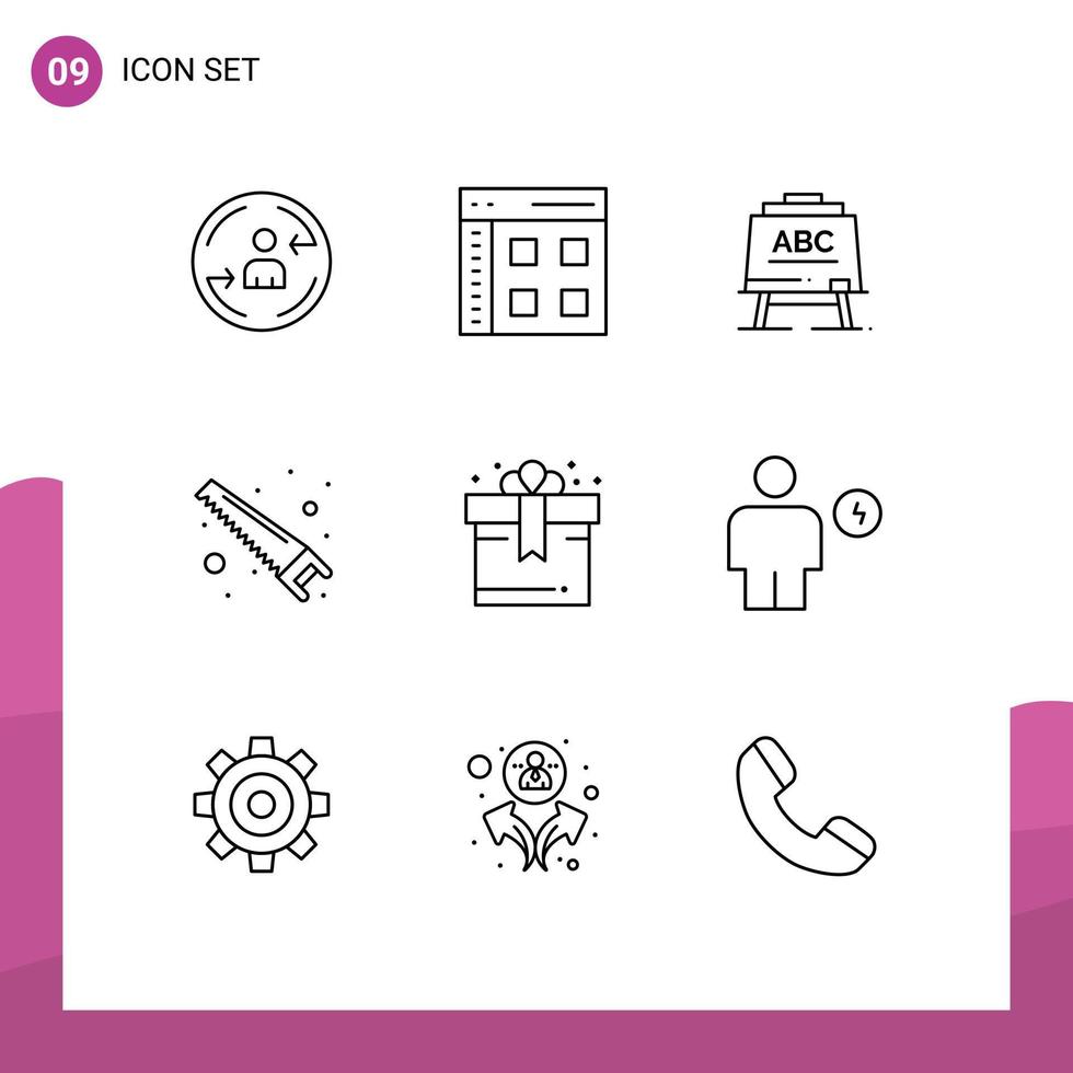 Modern Set of 9 Outlines and symbols such as birthday tools web saw board Editable Vector Design Elements