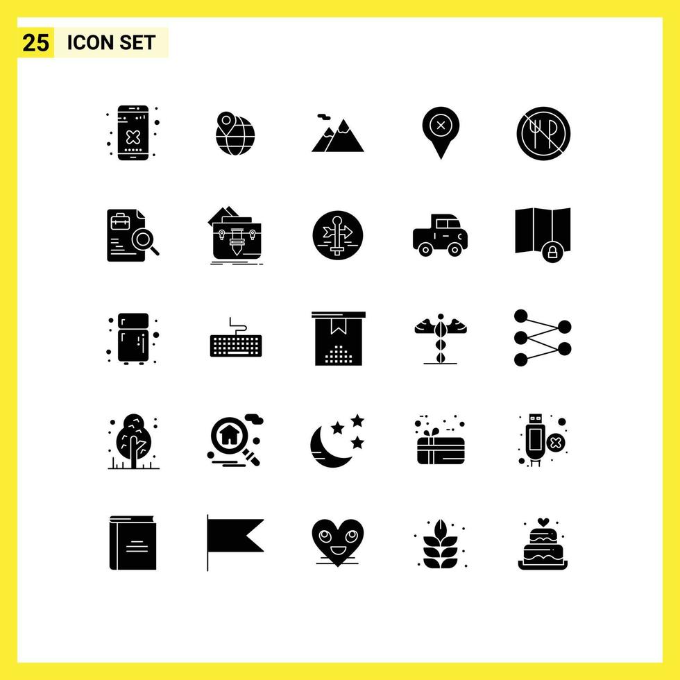 Pack of 25 creative Solid Glyphs of forbidden eating camping map pin Editable Vector Design Elements