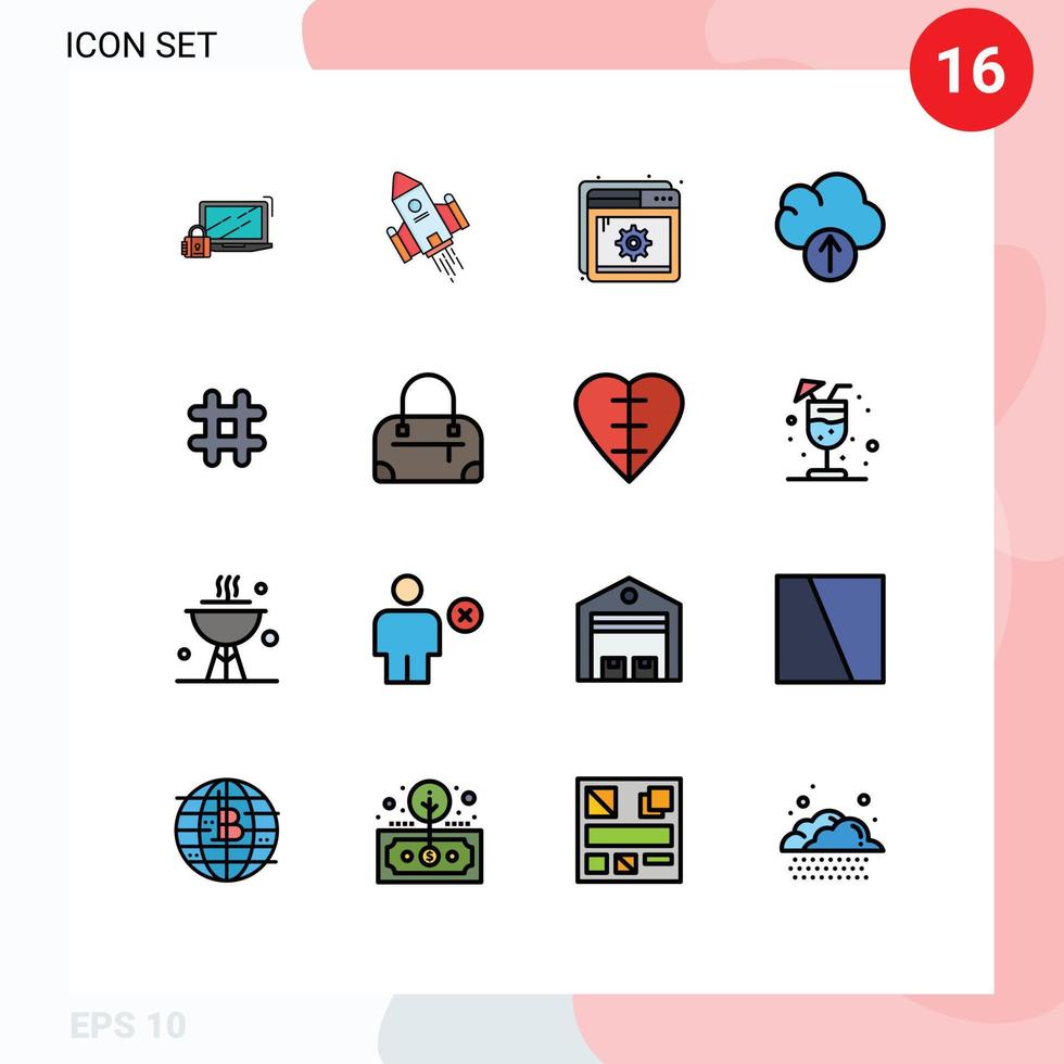 16 conceptos de línea llena de color plano para sitios web móviles y aplicaciones siguen elementos de diseño de vectores creativos editables de página de nube de cohete de datos