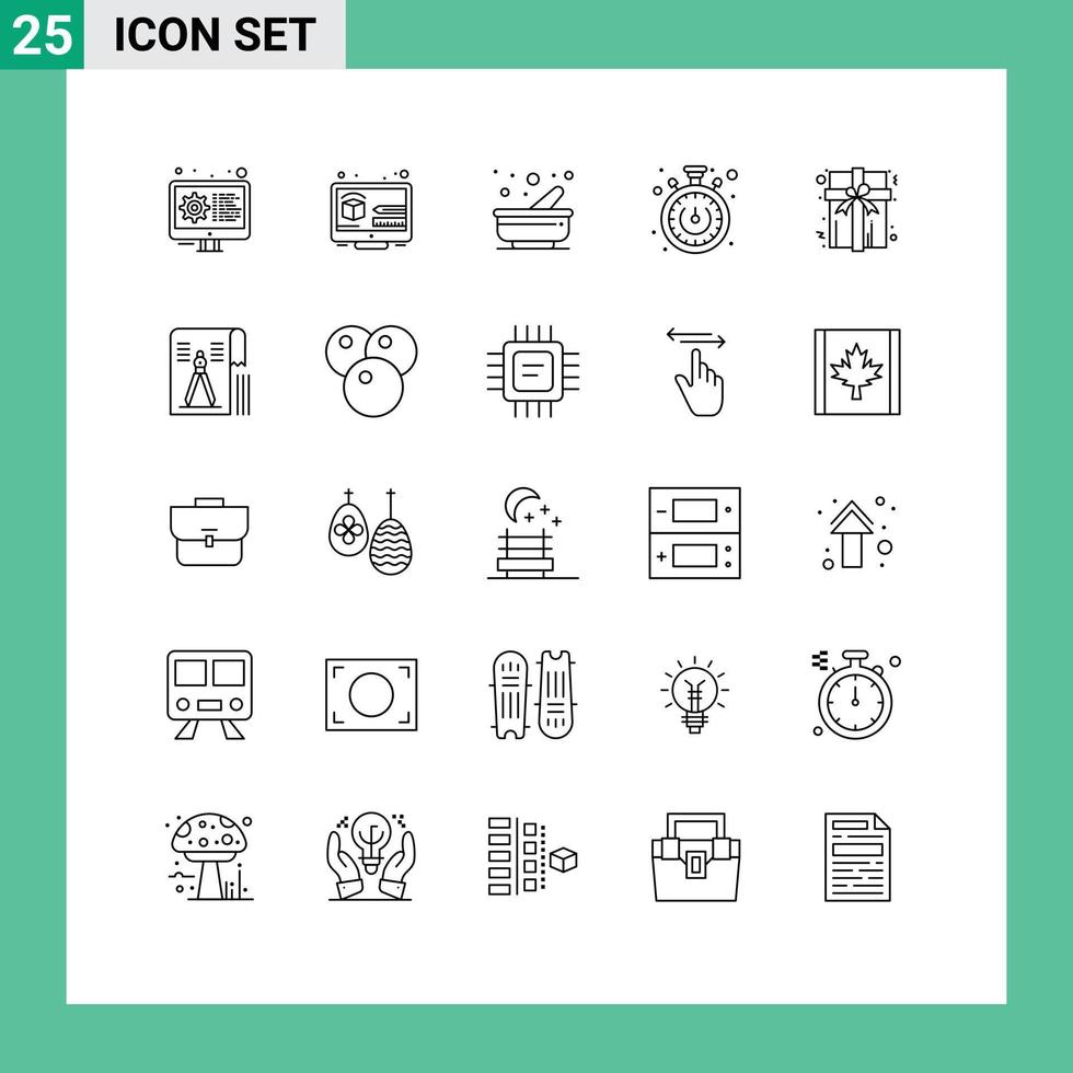 25 Universal Line Signs Symbols of present box cooking timer stopwatch Editable Vector Design Elements