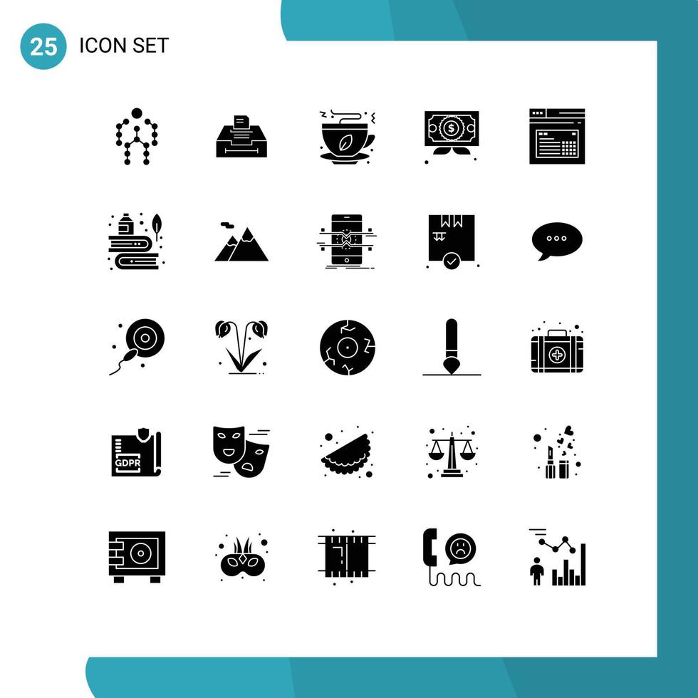 25 Universal Solid Glyph Signs Symbols of internet diploma information certificate food Editable Vector Design Elements