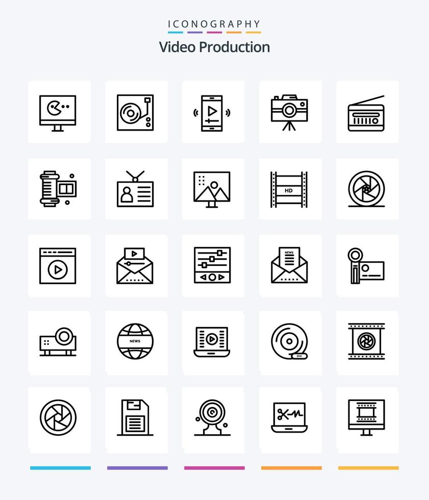 producción de video creativo 25 paquete de iconos de contorno como cámara profesional. handycam. . videocámara reproductor de video vector
