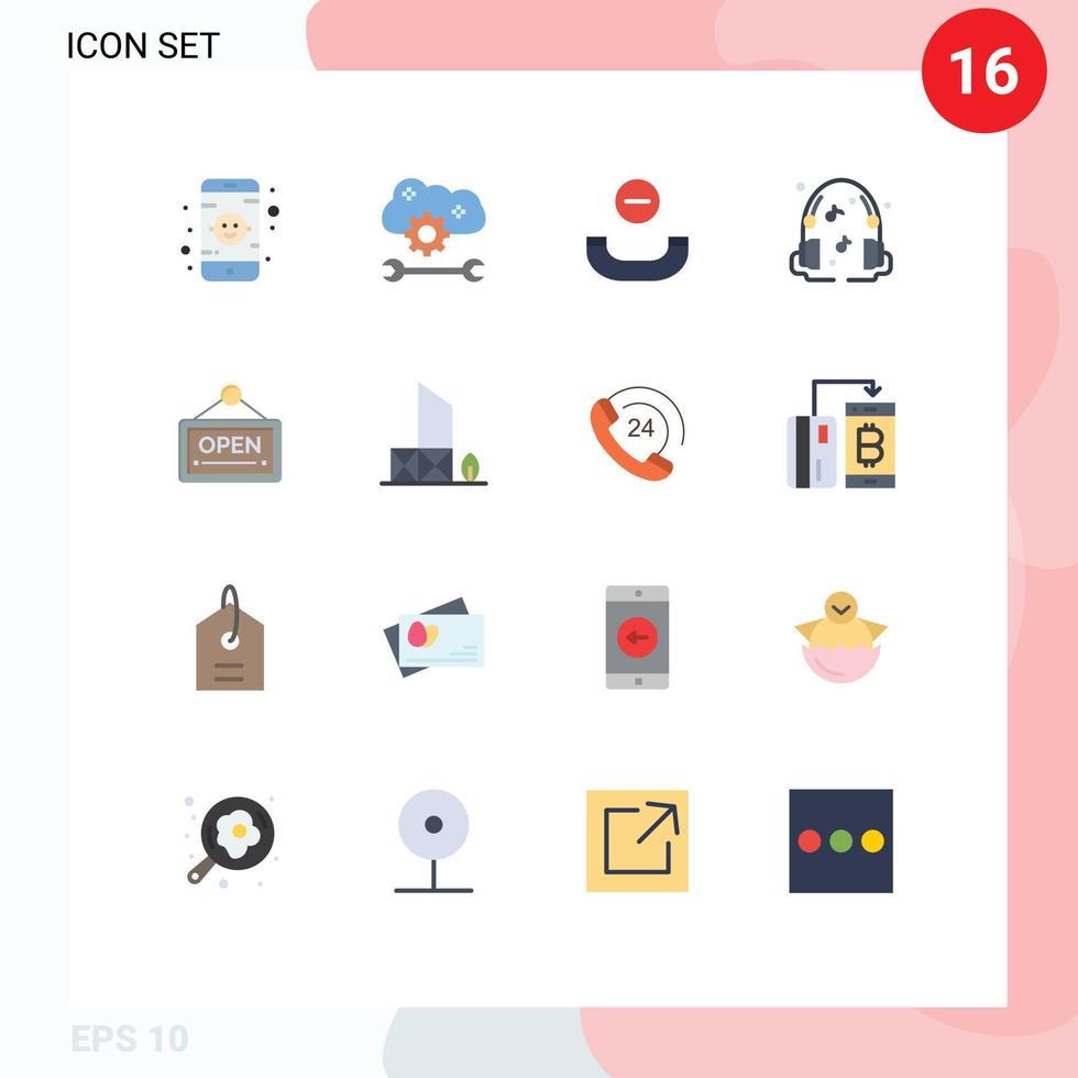16 Universal Flat Color Signs Symbols of hotel sign call open music Editable Pack of Creative Vector Design Elements