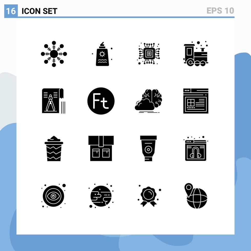 grupo de símbolos de icono universal de 16 glifos sólidos modernos de herramienta brújula chip tiempo de juego juguete elementos de diseño vectorial editables vector