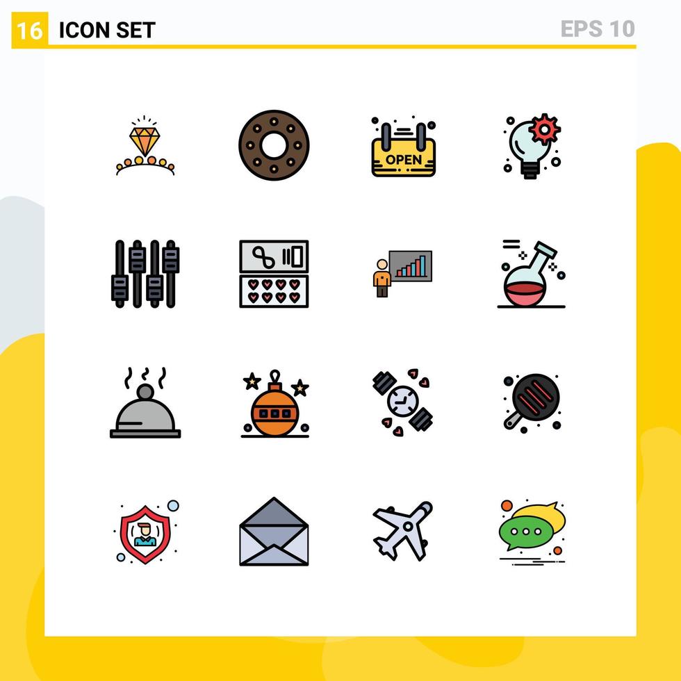Mobile Interface Flat Color Filled Line Set of 16 Pictograms of audio equalizer shop gear business Editable Creative Vector Design Elements