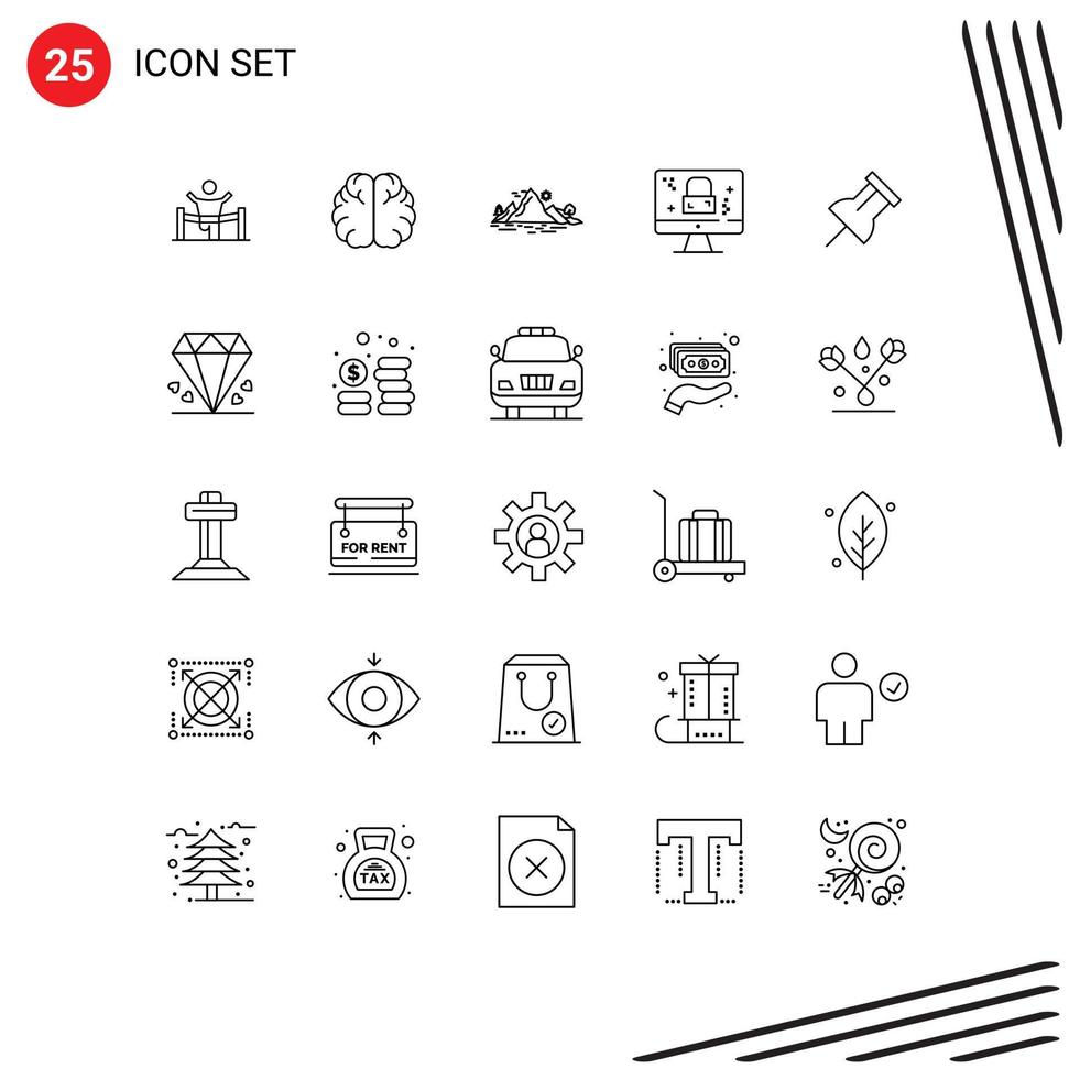 Line Pack of 25 Universal Symbols of monitor tree education mountain hill Editable Vector Design Elements