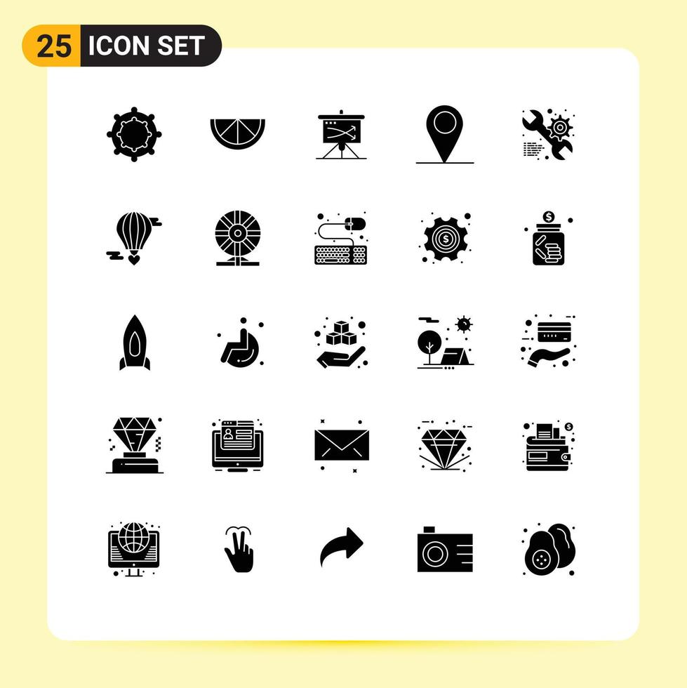 25 Universal Solid Glyph Signs Symbols of flying baloon gear graph web service Editable Vector Design Elements