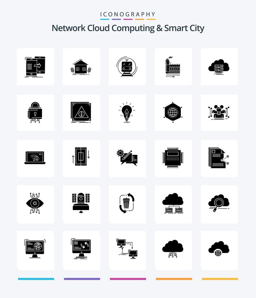 Creative Network Cloud Computing And Smart City 25 Glyph Solid Black icon pack  Such As energy. consumption. environment. transport. smart vector