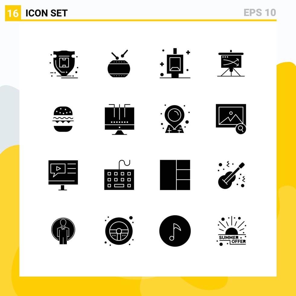 Modern Set of 16 Solid Glyphs and symbols such as food graph urinal planning business Editable Vector Design Elements