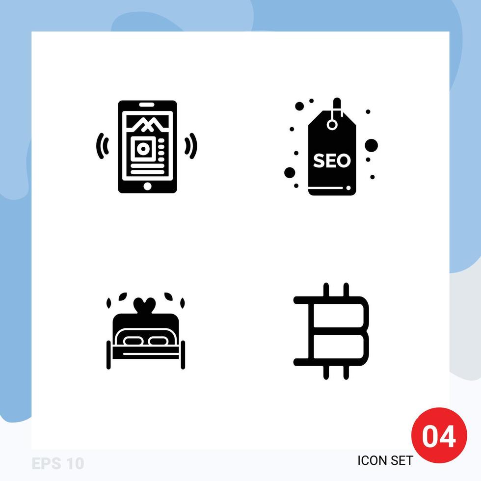 Group of 4 Modern Solid Glyphs Set for mobile heart badge tag bitcoin Editable Vector Design Elements