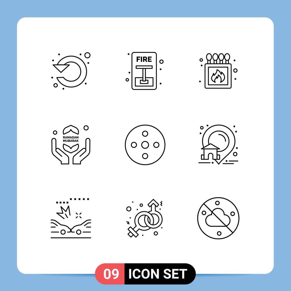 Pack of 9 creative Outlines of camera reel ramadhan fire fast box Editable Vector Design Elements