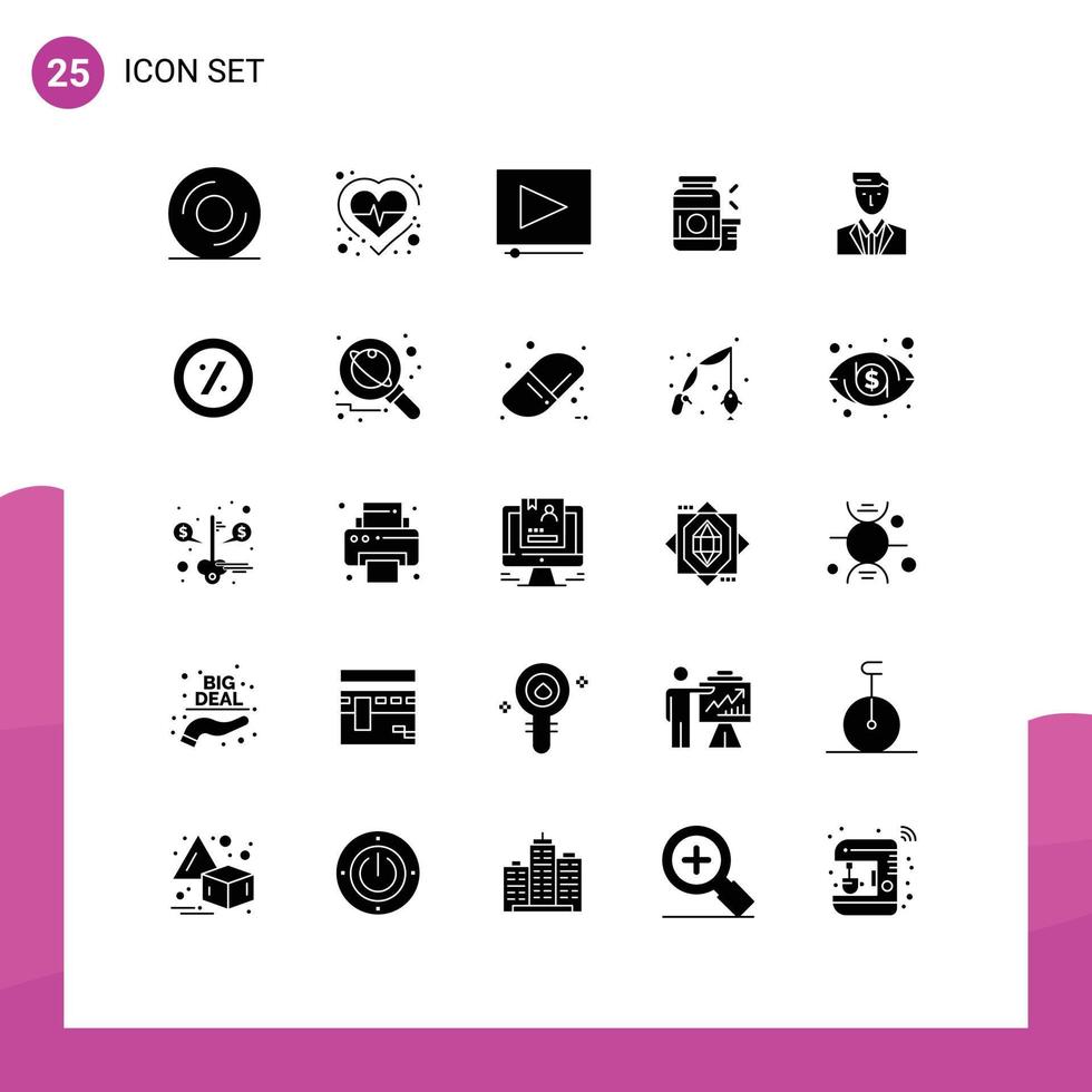 25 Solid Glyph concept for Websites Mobile and Apps head boss clip supplement protein Editable Vector Design Elements