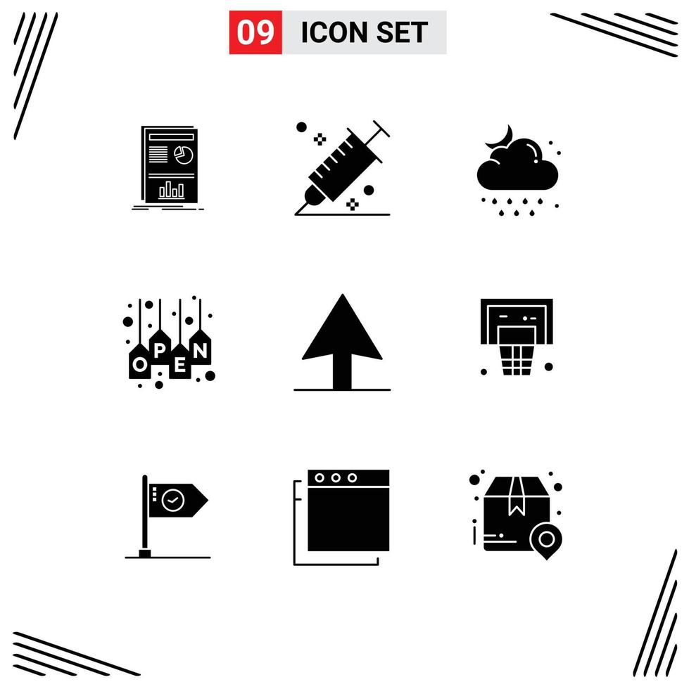 Modern Set of 9 Solid Glyphs Pictograph of tag sale tool open weather Editable Vector Design Elements