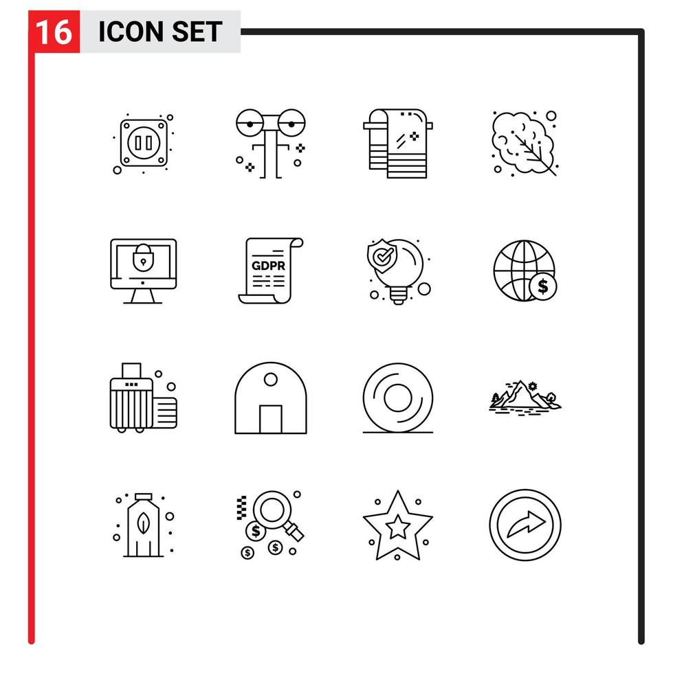 16 Thematic Vector Outlines and Editable Symbols of lock computer bath food leaves Editable Vector Design Elements