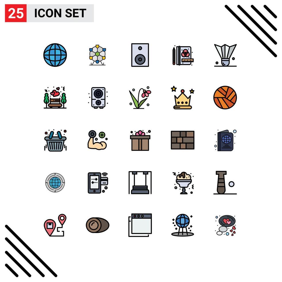 grupo de símbolos de iconos universales de 25 colores planos modernos de línea llena de dispositivos de papelería de bádminton birdie tecnología de proceso elementos de diseño de vectores editables