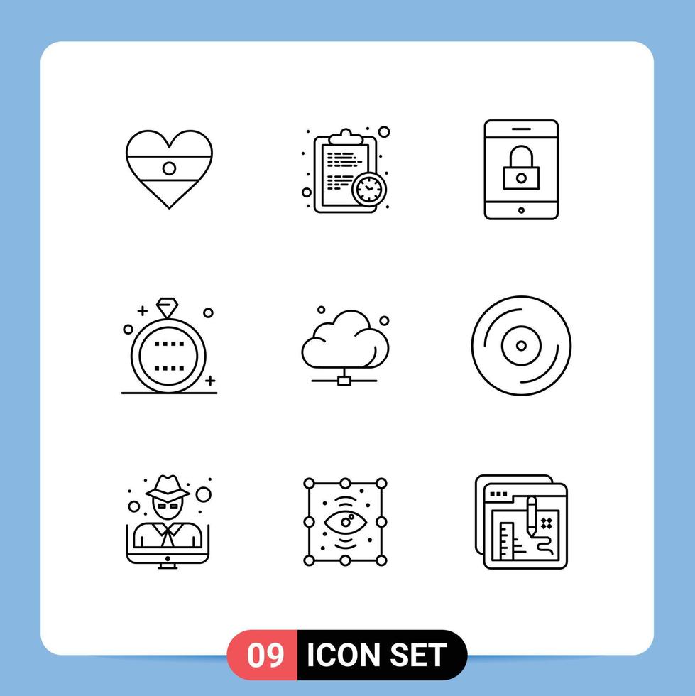 Pictogram Set of 9 Simple Outlines of data wedding encryption ring event Editable Vector Design Elements