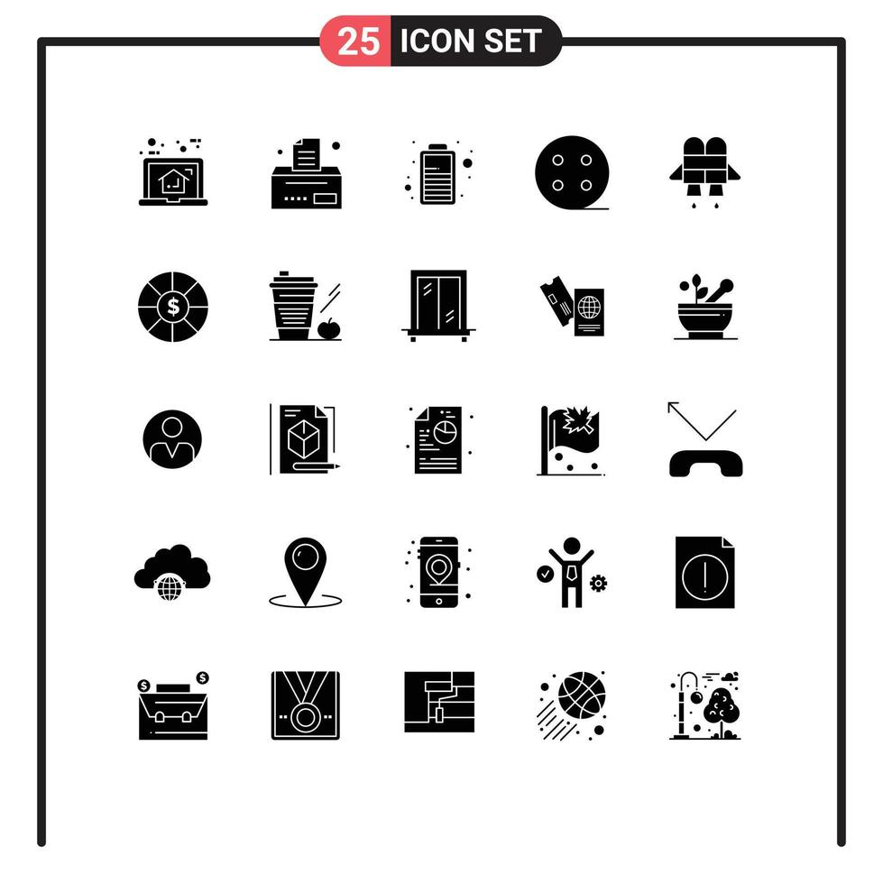 25 User Interface Solid Glyph Pack of modern Signs and Symbols of currency jetpack battery jet charge Editable Vector Design Elements